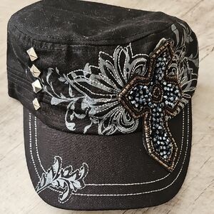Black Embellished Cap with Cross Design